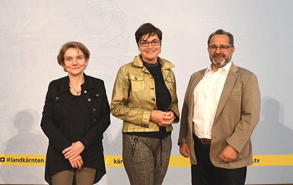 Foto der 3 Speaker:innen der Pressekonferenz des Landes Kärnten zum Tag der Pflege; 10.05.2023 in Klagenfurt; Fotohinweis: Büro LR.in Prettner