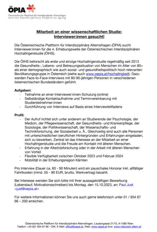 ÖPIA Rekrutierung-InterviewerInnen_Österreichische Interdisziplinäre Hochaltrigenstudie_Kärnten_18092023