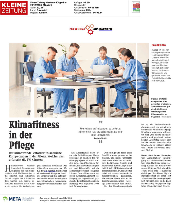 Kleine Zeitung 20231223 Foto Artikel Klimafitness in der Pflege chAnGE-Projekt
