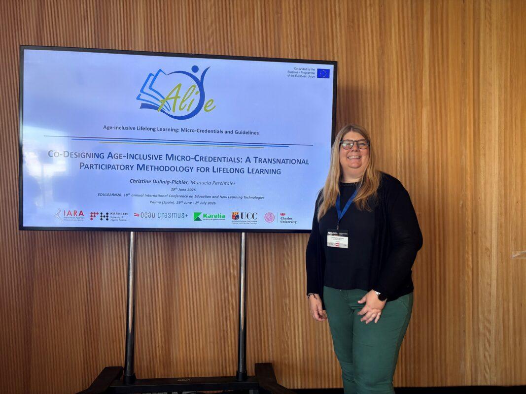 Christine Dullnig-Pichler in front of first slide of her EDULEARN conference presentation