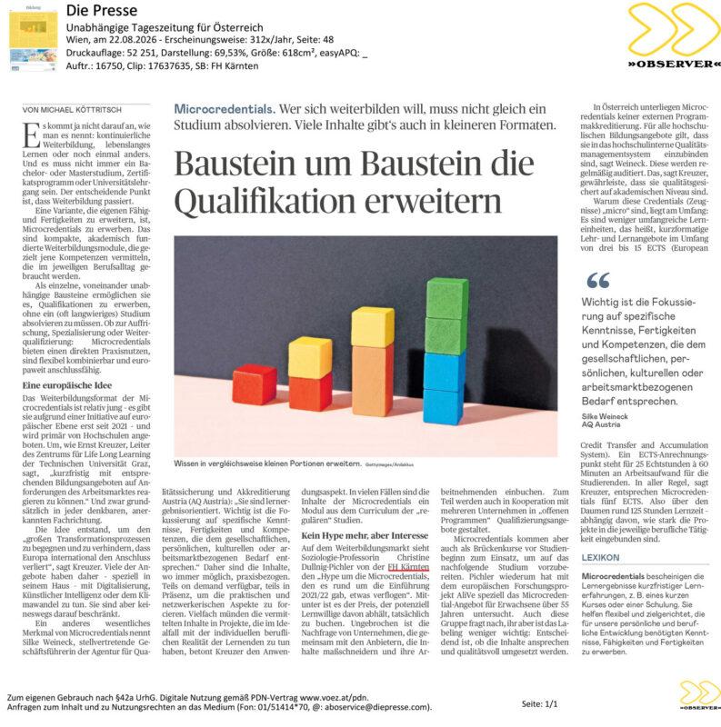 Bild Artikel Die Presse 22.08.2026 über Microcredentials Erwähnung AliVe-Projekt